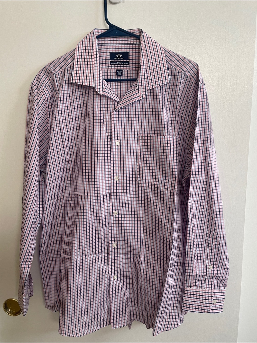 Dockers Men’s Pink and Blue Checked Long-Sleeve Dress Shirt